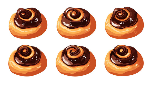 A row of six cinnamon rolls, glazed with chocolate, on a white background