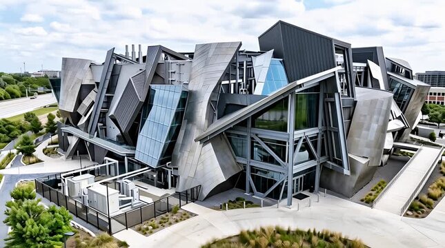 Futuristic geometric building exterior with glass panels and metal cladding, urban landscape, cloudy sky, view.