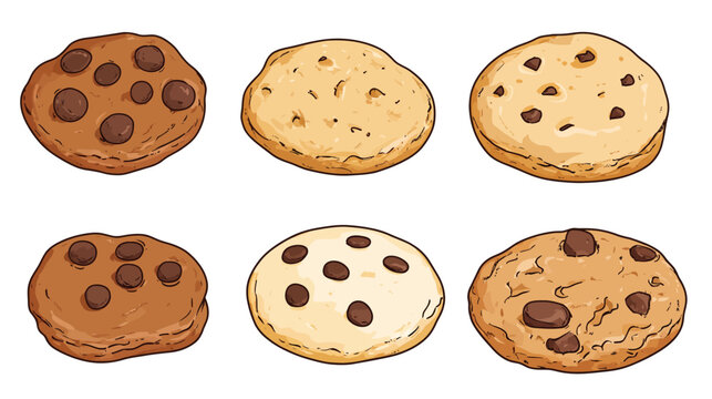 Six cartoon-style cookies of various flavors and shades on a white background