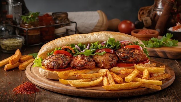 Still Life featuring Middle Eastern cuisine: Tandoori chicken sandwich with fries