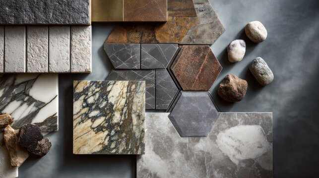 Collection of various natural marble tiles showcasing different colors, textures, and finishes for architectural and interior design applications