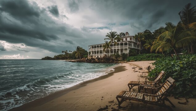 A deserted seaside hotel. Pale structures. Stunning design. Overcast weather