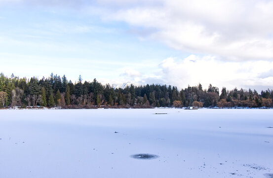Wide panoramic view of completely frozen Lost Lagoon in Stanley Park with dense evergreen treeline and partly cloudy sky