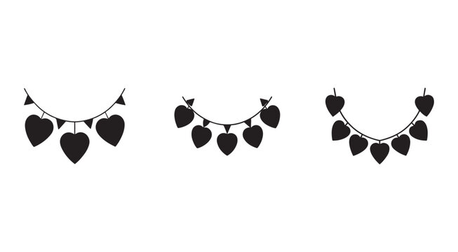Set of black heart shaped garlands with flags hanging on a string  heart decorations  love symbol  Valentines Day theme