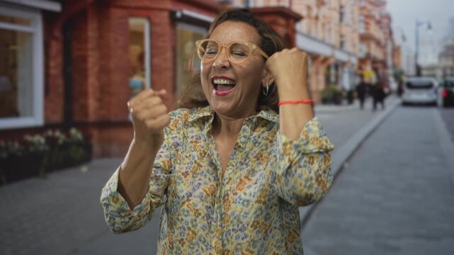 Woman wearing tan glasses in floral blouse clenches fists on city street lined with brick storefronts; triumph.