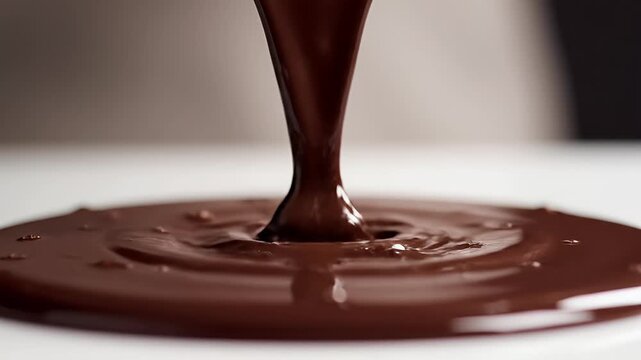 Close-up of glossy dark liquid chocolate cascading and forming a puddle
