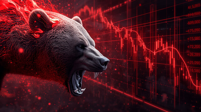 Bearish Market Concept. Fierce bear on the left side emitting strong red energy aura, background on the right showing declining financial charts and glowing red data streams, downward trend lines and 