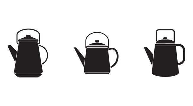 Set of black kettle silhouettes in different angles and positions  simple kitchen utensil icons