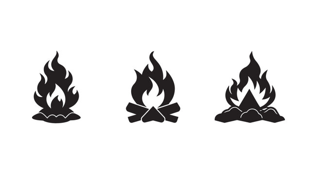 Set of campfire flame icons in black silhouettes on white background for outdoor and nature concepts  simple fire symbols
