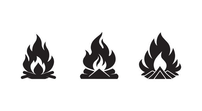 Set of campfire flame icons in different styles for outdoor and adventure designs  simple silhouettes