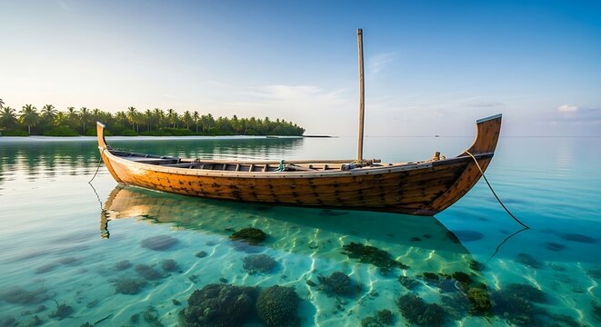 Traditional Maldivian Dhoni Boat in Crystal Clear Tropical Water.