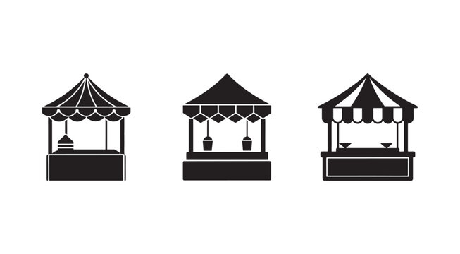 Set of three different market food vendor stalls with roofs and counters  market stalls for selling various products  vendor booths with awnings
