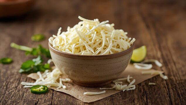 A dish of grated Oaxaca cheese