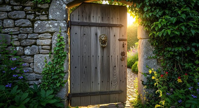 Open Wooden Gate Leading to a Sunlit Garden Path.