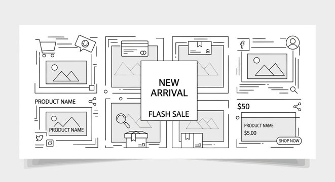 Wireframe, web page templates, new arrival flash sale, ecommerce UI elements, vector graphics