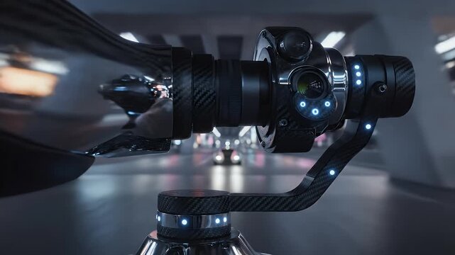 Futuristic camera gimbal with carbon fiber texture and blue LED lights