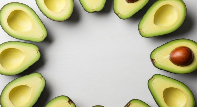 Avocado halves arranged in circle against plain gray background