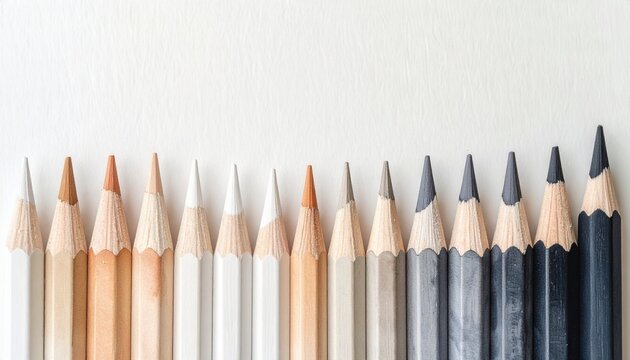 Set of colored pencils arranged in gradient from light to dark on white background