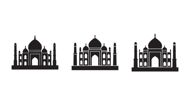 Taj Mahal iconic monument silhouettes in various angles and perspectives  famous Indian architecture  historical building designs