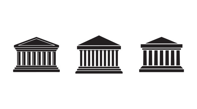 Three ancient Greek or Roman temple icons with columns and triangular roofs  architectural elements  isolated on white background