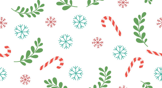 Seamless holiday pattern featuring red candy canes, green botanical leaves, and colorful snowflakes scattered on a plain white background.