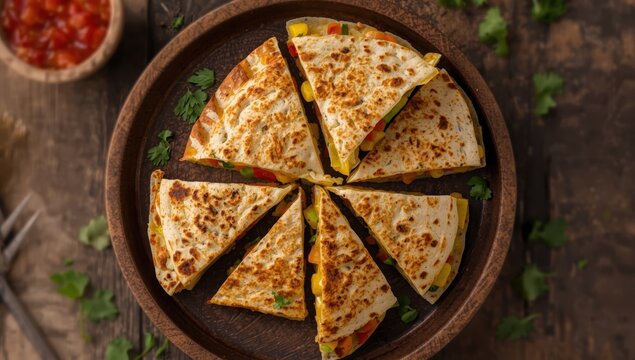 Top view web banner of a tortilla-wrapped quesadilla with corn and peppers