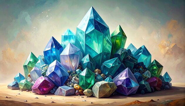 Cluster of colorful faceted gemstones forming a mountain shape