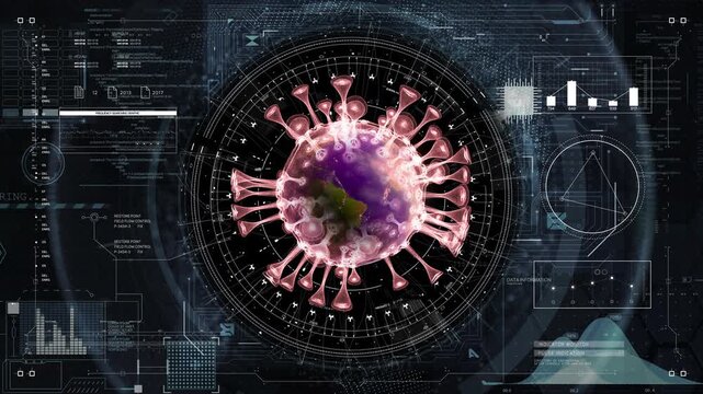 Futuristic HUD animation featuring a rotating virus and Earth model.