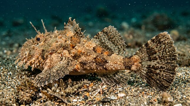 Camouflaged brown scorpionfish on ocean floor