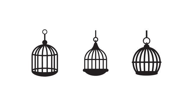 Three black birdcages with different shapes hanging from a hook isolated on white background