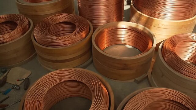 Industrial copper wire spools neatly stacked in a workshop setting, raw material storage, manufacturing process, metal fabrication.