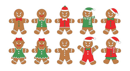 Fototapeta premium Large collection of gingerbread man and woman cookies features various festive outfits and accessories for Christmas.