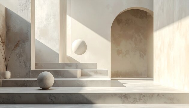 A minimalist architectural composition with geometric shapes and soft sunlight. The scene is bathed in a warm, inviting glow, creating an atmosphere of calm and serenity
