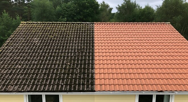 Roof cleaning comparison: dirty vs cleaned tiles with real estate