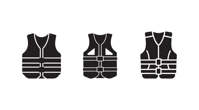 Three black bulletproof vests in different views  front and back and side  isolated on white background for safety and protection concepts