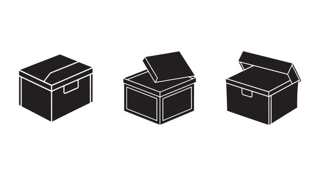 Three black cardboard boxes in different states closed opened and ajar with white outlines on white background  boxes for storage or shipping