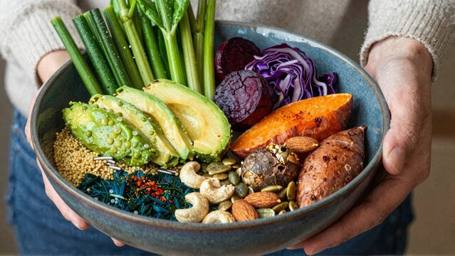 Vibrant bowl of fresh vegetables and nuts