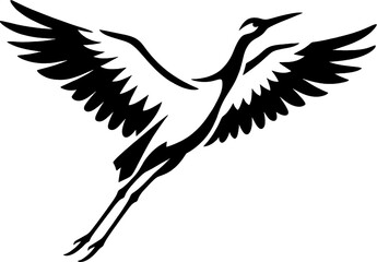 Obraz premium Elegant flying crane outline soars gracefully upward on deep black ground.