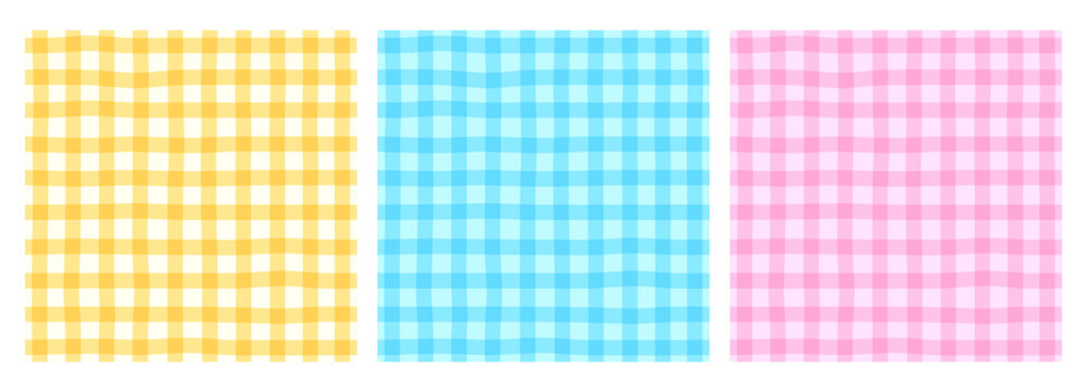 Pastel Gingham Wavy Seamless Pattern Set in Yellow Blue and Pink.