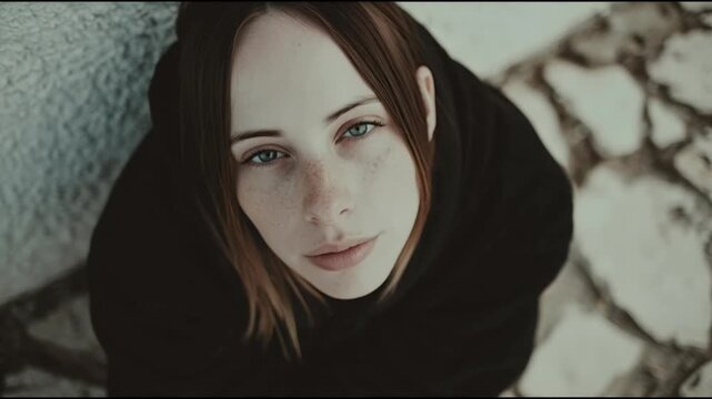 Captivating portrait of a young woman with freckles and striking blue eyes wrapped in a dark shawl creating an intimate and slightly melancholic mood against a snowy backdrop