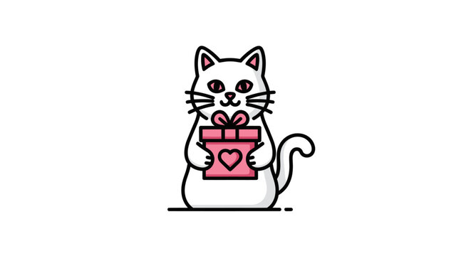 White Cat Holding Pink Gift Box.