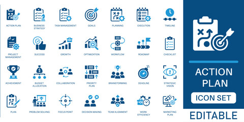 Action plan icon set. featuring business strategy, project management, roadmap, workflow optimization, and strategic vision in blue flat design style. © max_thunberg
