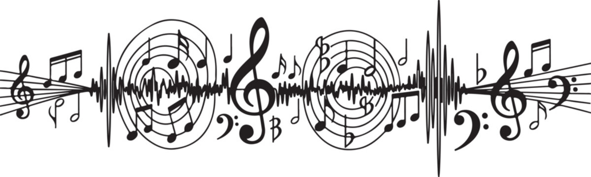 Musical notes and sound waves in black and white illustration