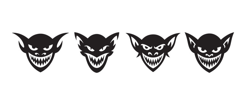 Set of black and white devilish goblin face icons with sharp teeth and pointed ears in a minimalist graphic style.