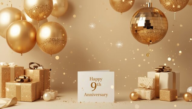 Nine-year anniversary celebration with gold balloons, confetti, gifts, a disco ball, and stars against a beige backdrop featuring bokeh lights and sparkles. Elegant birthday card concept