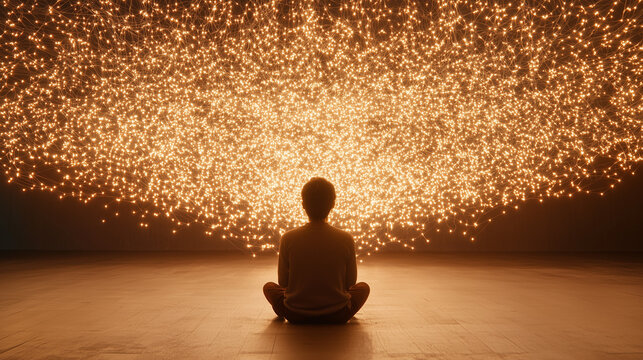 A solitary figure meditating with a backdrop of sparkling lights, symbolizing enlightenment and the abundance of ideas