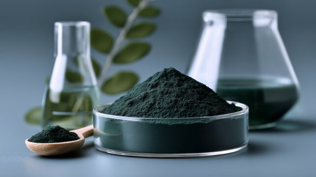 Spirulina powder in petri dish with green leaf and laboratory beakers, microalgae superfood research concept, natural nutrient analysis in scientific glassware isolated on transparent background