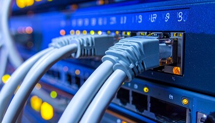 Naklejka premium High-Speed Network Ethernet Cables Connected to Data Center Server Switch with Blinking Indicator Lights