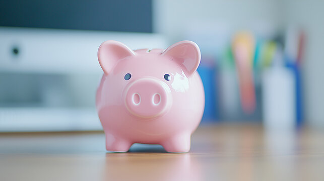 A piggy bank in a home office setting, representing the importance of saving money and financial goals