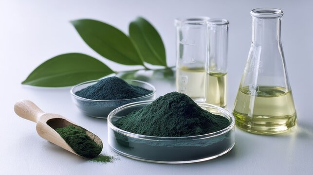 Spirulina powder in petri dish with green leaf and laboratory beakers, microalgae superfood research concept, natural nutrient analysis in scientific glassware isolated on transparent background
